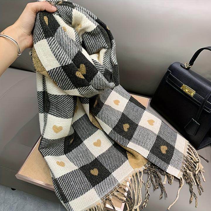 Image du produit Only-Bags.Store Écharpe à motif de coeur double face, écharpe chaude à carreaux pour l'hiver, écharpe douillette