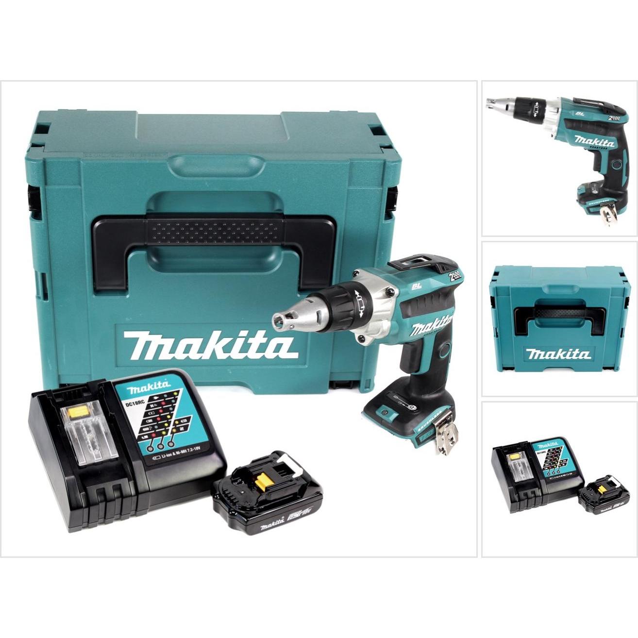 Makita, Bohrmaschine + Akkuschrauber, DFS 250 RA1J Akku Trockenbauschrauber 18 V Brushless + 1x Akku 2,0 Ah + Ladegerät ...