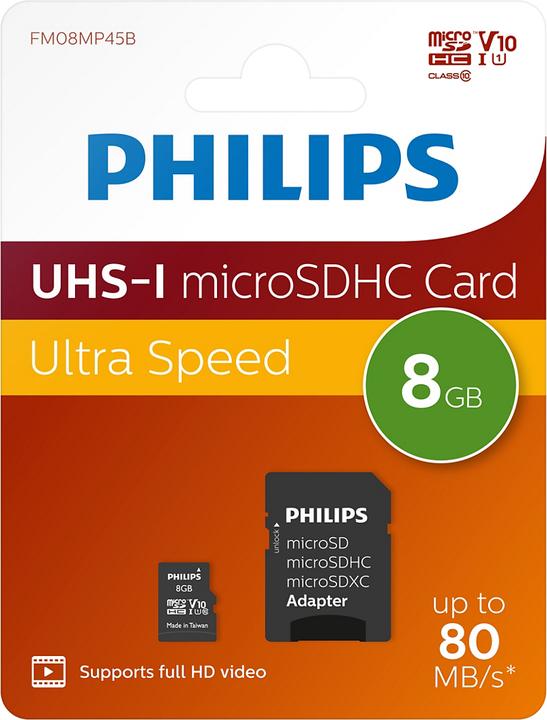 Actual product image Philips MicroSDHC Card 8GB Class 10 UHS-I U1 incl. adapter (8 GB, microSDHC, U1, UHS-I)
