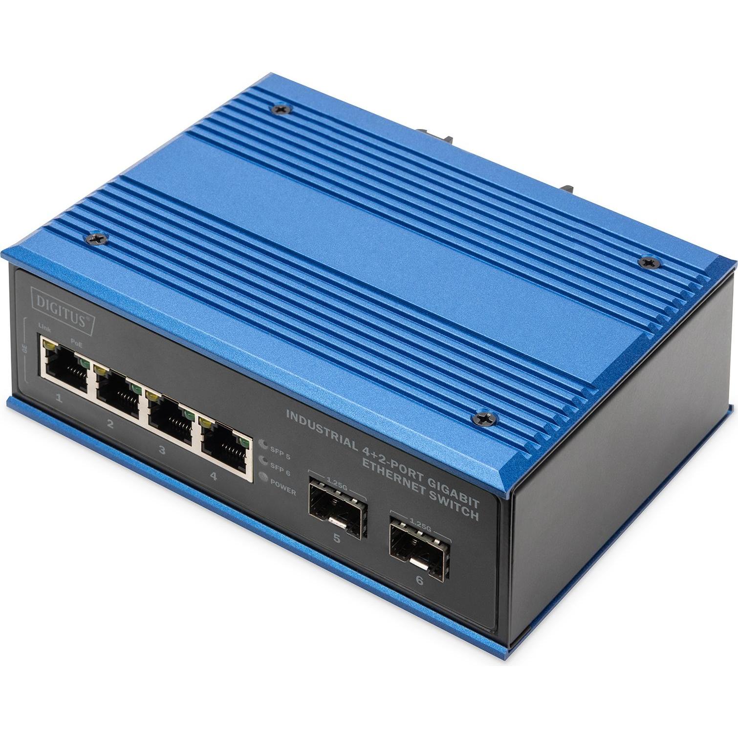 Digitus Industrial 4+2 -Port Gigabit Ethernet Switch (6 Ports), Netzwerk Switch, Schwarz