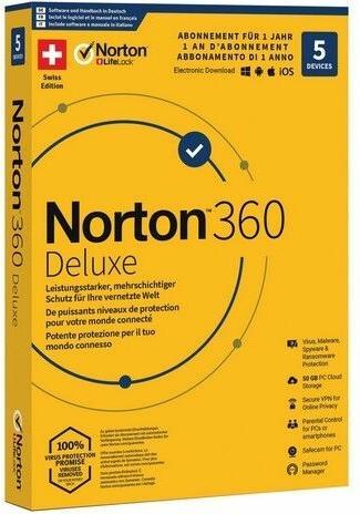 Produktbild Norton 360 Deluxe + AntiTrack Bundle Box, 5 Dev., 1yr, 50GB Cloud (5 User, 12 Monate)