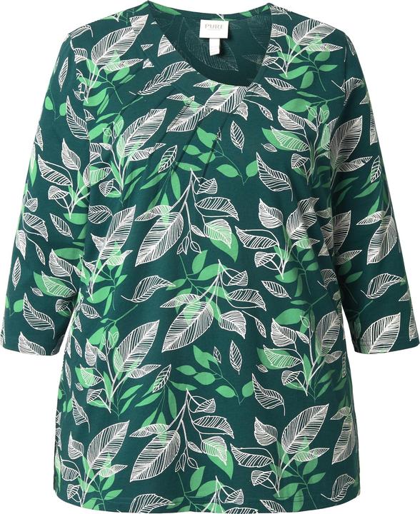 Image du produit Ulla Popken T-shirt en coton bio à col en V et manches 3/4, feuilles (54)