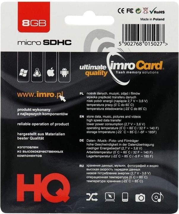 Immagine prodotto IMRO MicroSDHC/8G 8 GB UHS-I Classe 10 (8 GB, microSDHC, U1, UHS-I)