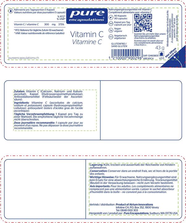 Valori nutrizionali e ingredienti Pure encapsulations Vitamina C (90 Pezzo/i, Pillole, 45 g)