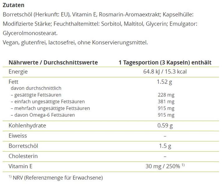 Nährwerte und Zutaten Alpinamed Borretschöl (100 Stück, Kapseln, 90 g)