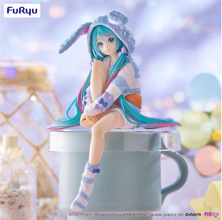 Actual product image Furyu Hatsune Miku Noodle Stopper PVC Statue Hatsune Miku Rabbit Ear Hood Pajama Blue Color Ver. 14 cm