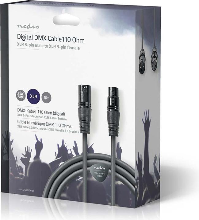 Actual product image Nedis DMX cable, 110 Ohm (digital) - XLR 3-pin male - XLR 3-pin female - 15 m - Grey (15 m, XLR Cables)