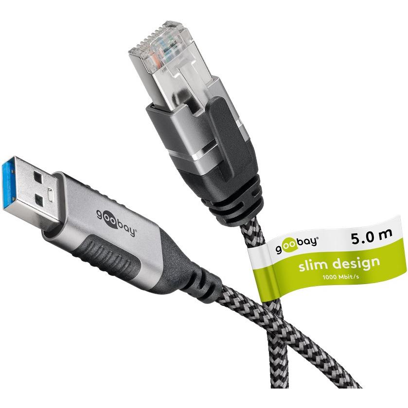Goobay Ethernet-Kabel USB-A 3.0 auf RJ45, Slim, 5 m (USB 3.0, RJ45 (1x)), Netzwerkadapter, Schwarz, Silber
