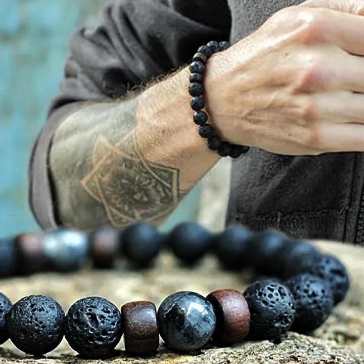 Immagine prodotto Cbx Bracciale elastico con perline Lava Rock (0.80 cm, Pietra lavica e larvikite (pietra di luna nera))
