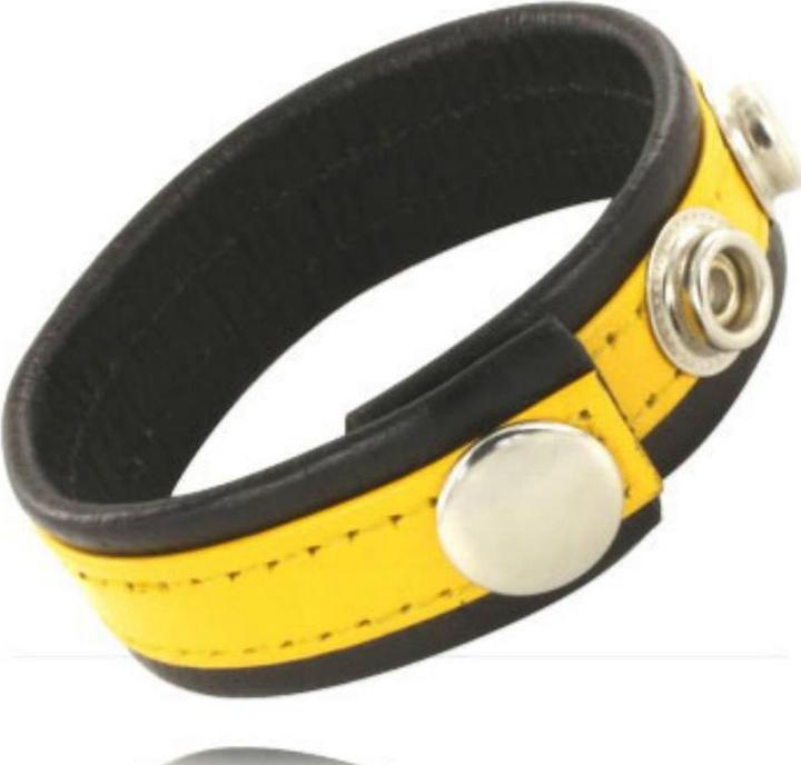 Leather body Leather Cock And Ball Belt With Snap - Black And Yellow