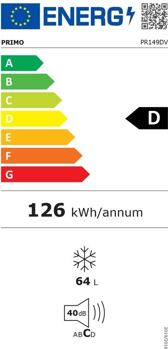Energy Label Primo PR149DV Vriezer Tafelmodel - Diepvries Vrijstaand - 64L - D - Zilver (Stand-alone, 64 l)