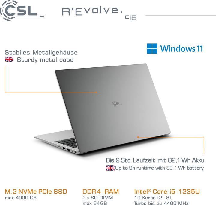 Actual product image CSL Notebook R'Evolve C16 / 32GB / 500GB / Windows 11 Pro (16", Intel Core i5-1235U, 32 GB, 500 GB, DE)