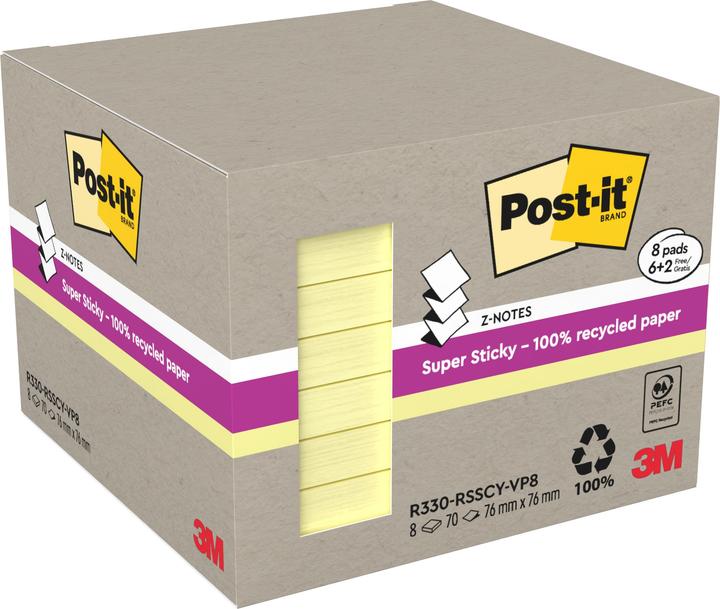 Produktbild Post-it Haftnotizen Z-Notes Recycling Tower, gelb (76 x 76 mm)