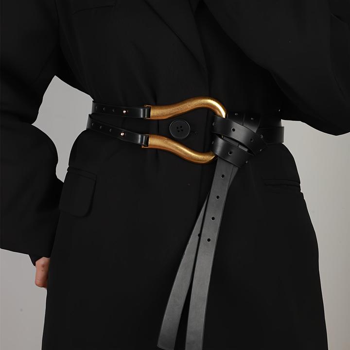 Only-Bags.Store Trendy Hufeisen Schnalle Punk Gürtel Schwarz PU Leder Taillenband Verstellbar Mantel Kleid Gürtel