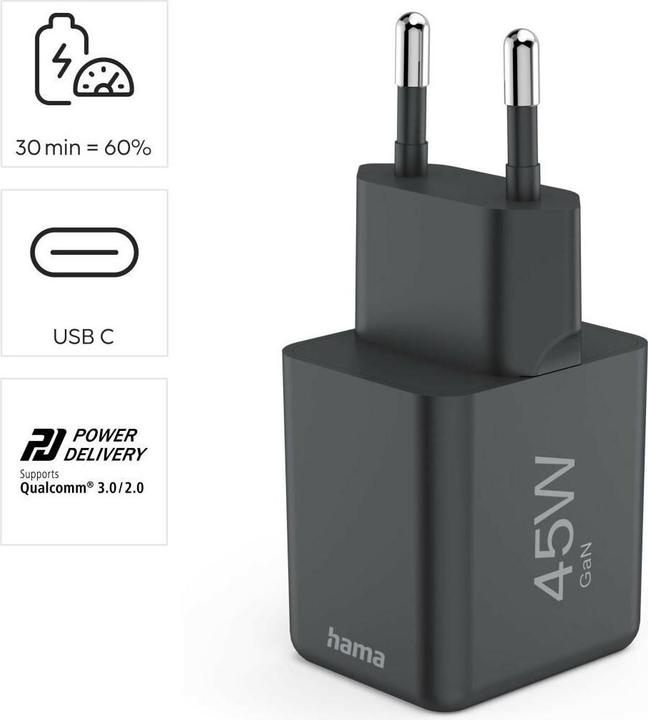 Image du produit Hama Chargeur rapide, USB-C, PD/QC/GaN, super-mini-chargeur, 45 W, noir (45 W, 1 portion)