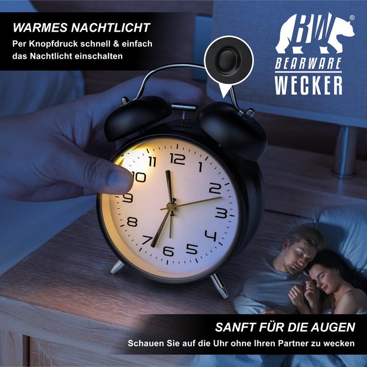Produktbild Bearware Analoger Wecker klassisches Design, lauter Weckton, ohne Ticken, Batteriebetrieb, metall, schwarz