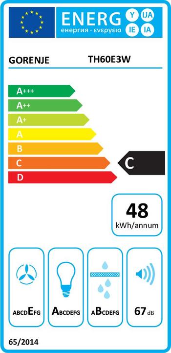 Energy Label Gorenje TH60E3W cooker hood Built-in White ³/h C