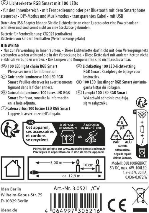Produktbild Idena Smart LED-Lichterkette USB Bluetooth App Fernbedienung Timer Musik RGB 12m 100 LED Innen (12 m)
