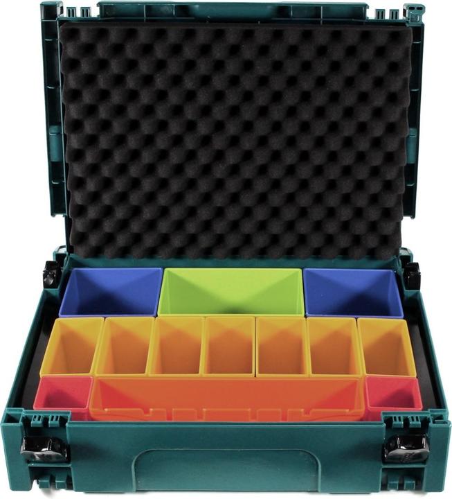 Actual product image Makita MAKPAC 1 system case + box insert with coloured boxes P-83652 + foam lid insert