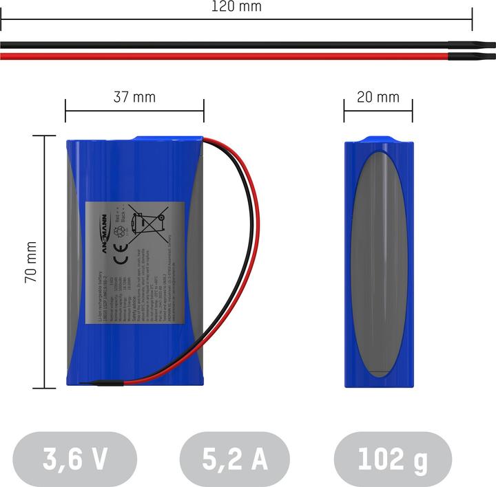 Produktbild Ansmann 1S2P Akkupack 2x 18650 Kabel Li-Ion 3.6V 5200mAh Akkupack 2x Li-Ion 3. (1 Stk., 18650, 5200 mAh)