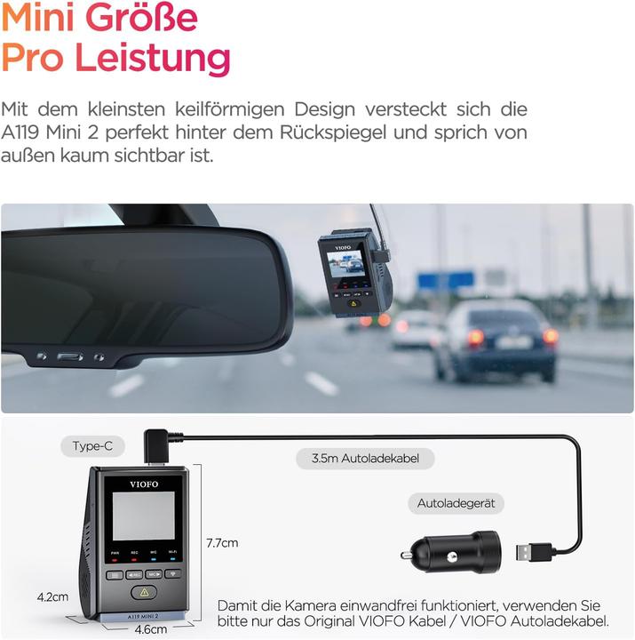 Immagine prodotto Viofo Dashcam A119 Mini 2 mit 2,7K und GPS (Display integrato, Visione notturna, WiFi, Ricevitore GPS, 2.7K)