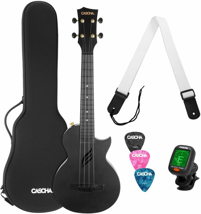 Cascha HH 2258 Zwarte Carbon Fiber concert ukulele met softcase (Konzert)