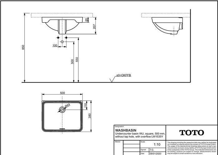 Actual product image TOTO WU undercounter washbasin 50cm without tap hole with overflow angular white (380 mm, 500 mm)