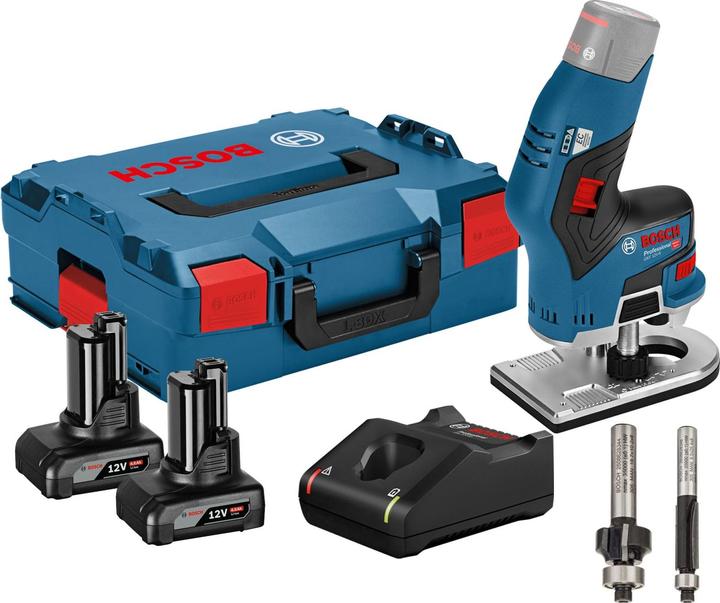 Produktbild Bosch Hausgeräte Akku-Kantenfräse GKF 12V-8 12 V / 2x 4,0 Ah Akku + Ladegerät inkl. 2x Fräser in L (Kantenfräse)