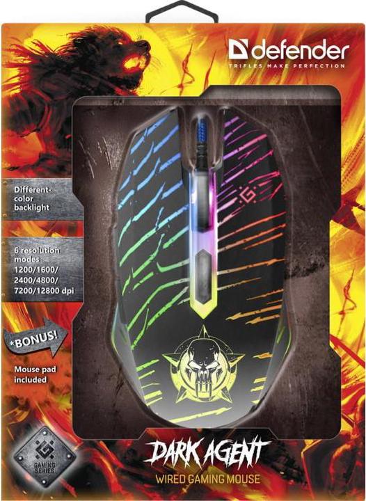Immagine prodotto Defender Mouse da gioco, cablato, ottico GM-590L DARK AGENT 12800dpi 6P Retroilluminato (Cablato)