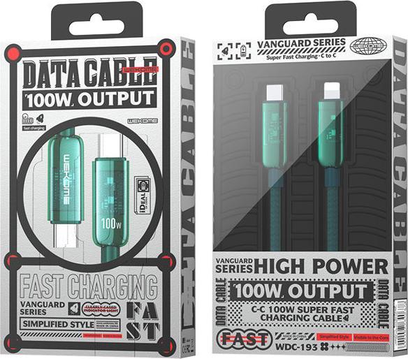 Actual product image Wekome WDC-193 Vanguard series - USB-C to USB-C super fast charging connection cable 100 W 1 m (Green) (1 m, USB 3.2 Gen 1, 100 W)