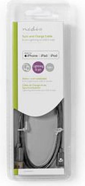 Actual product image Nedis USB cable USB 2.0 Apple Lightning 8-pin USB-A male 480 Mbps 12 W Nickel-plated round PVC Box 1. (1 m, USB 2.0, 12 W)
