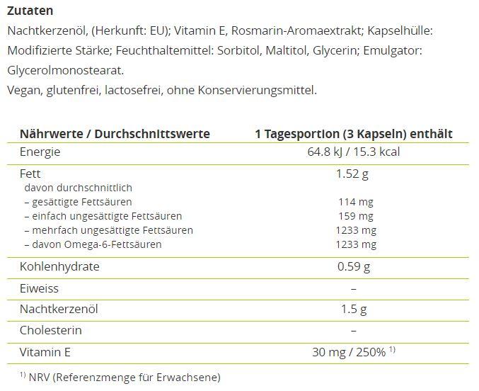 Nutritional values and ingredients Alpinamed Evening primrose oil (120 Piece, Capsules, 112 g)