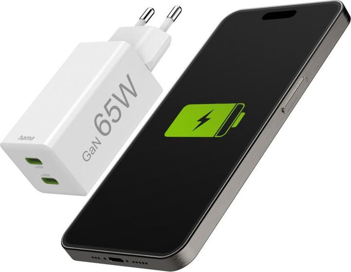 Produktbild Hama Schnellladegerät, GaN, 2x USB-C, PD/Qualcomm®, Mini-Ladegerät, 65 W, Weiss (65 W, 2 Ports)