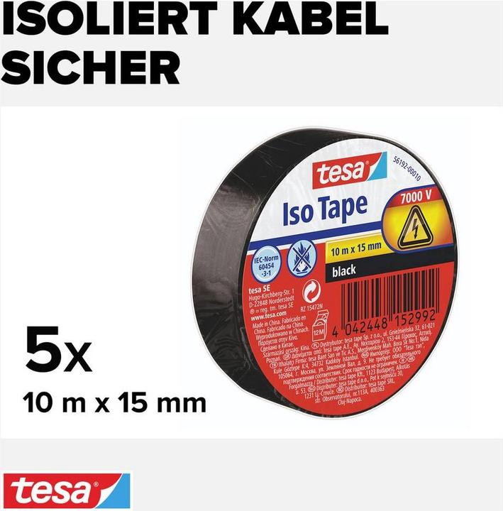 Image du produit tesa 5x ruban électrique, ruban adhésif résistant à la chaleur pour isoler, réparer & regrouper, pack de (15 mm)