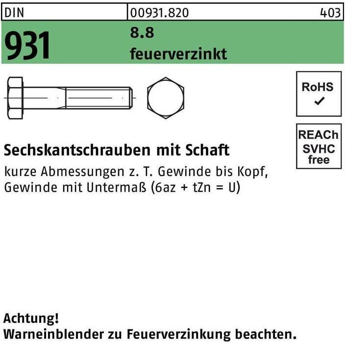 Schrauben, Sechskantschraube DIN 931 m.Schaft M 27 x 100 8.8 feuerverzinkt (10 Schrauben pro Stück)
