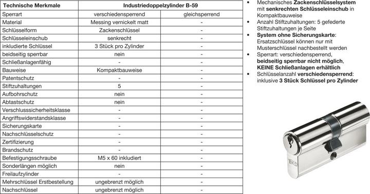 Produktbild BKS Industriedoppelzylinder B 35/40 mm, verschiedensp. Messing vernickelt