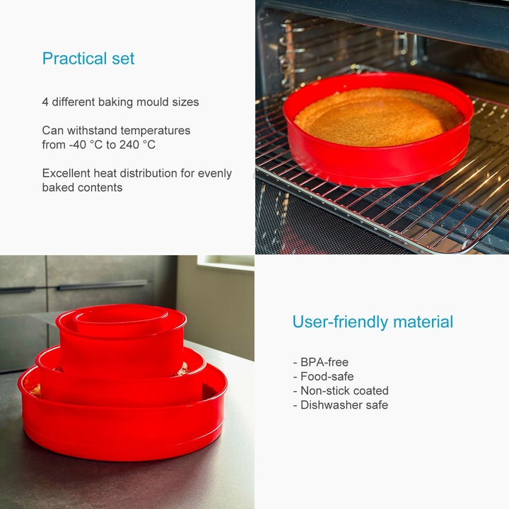 Produktbild Intirilife 4-teiliges Set runde Silikon Kuchenbackformen in Rot - 10 cm, 16.3 cm, 19.8 cm, 25 cm (25 cm)