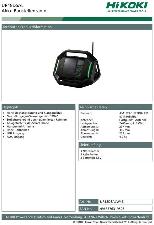 Actual product image Hikoki Job site radios (AM, FM)