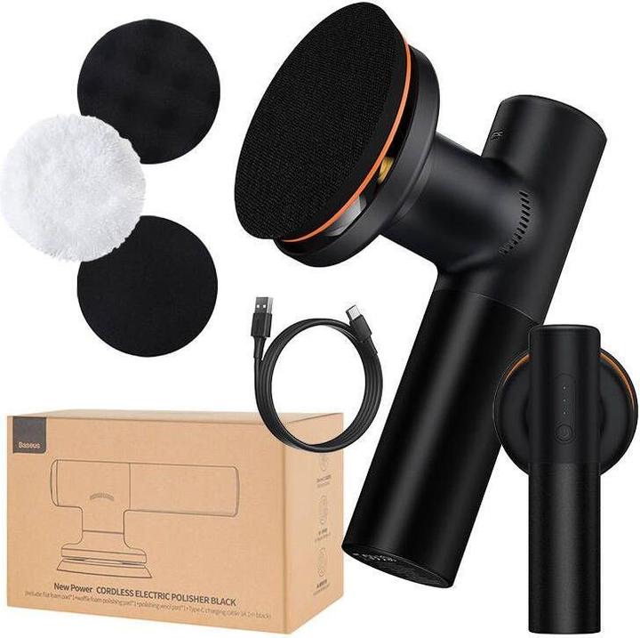 Actual product image Baseus New Power Cordless Electric Polisher Black(Include: flat foam pad*1+waffle foam polishing pad*1+poli (Eccentric polisher, 30 W)