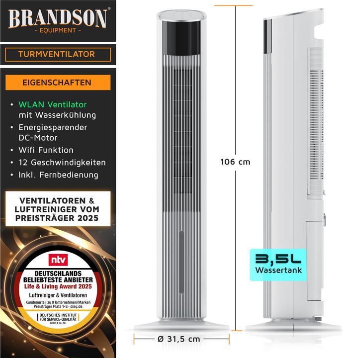 Produktbild Brandson Mobiler Luftkühler mit Wasserkühlung, Klimagerät, 60W, WIFI, Turmventilator, Verdunstungskühler