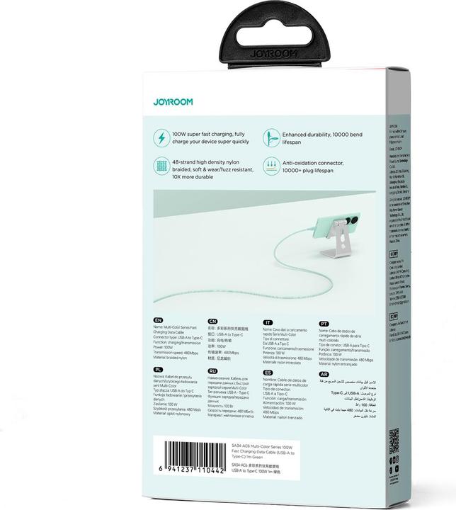 Actual product image Joyroom Multi-Color Series SA34-AC6 USB-A / USB-C Cable 100W Fast Transfer 1m - Green (1 m, USB 3.2 Gen 1, 100 W)