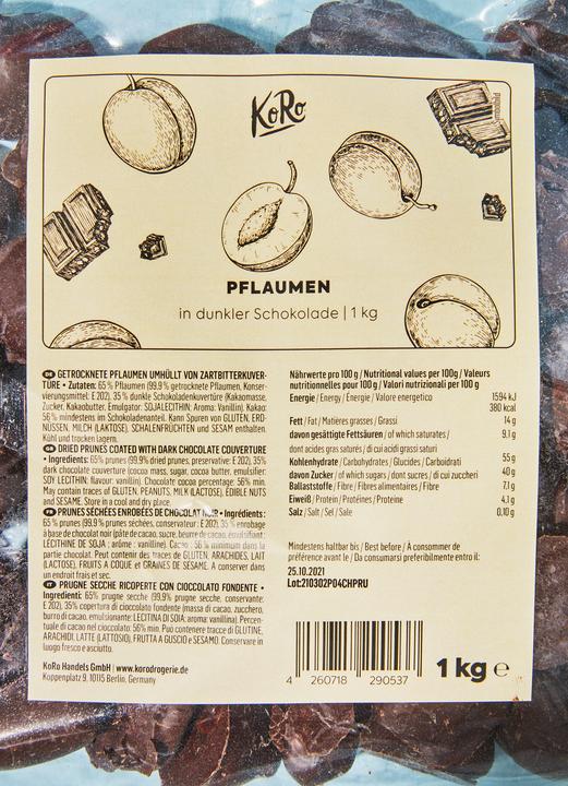 Produktbild KoRo Getrocknete Pflaumen umhüllt von Zartbitterkuvertüre (1000 g)