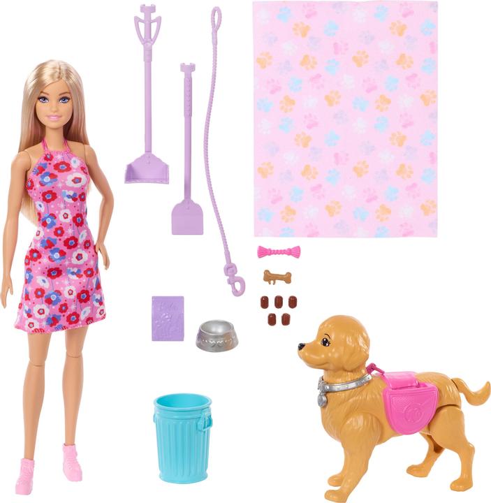 Produktbild Barbie Malibu Hundespaziergang Spielset, enthält Puppe, Hund zum Spazierengehen und Häufchenmachen