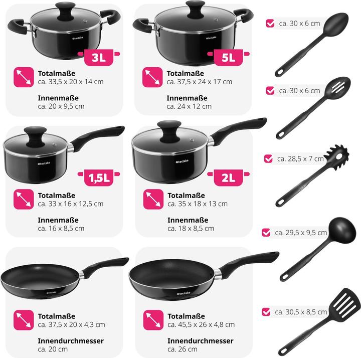 Image du produit tectake Set de pots Varese, en aluminium avec capuchons en vetro, 15 pièces (26 cm, Ensemble de casseroles et de poêles de cuisson, Aluminium)