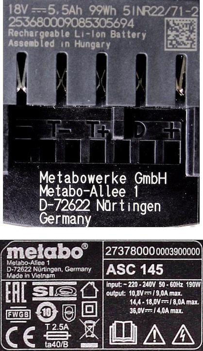 Actual product image Metabo Battery base set 18V with 1x battery LiHD 5,5Ah ( 625368000 ) + charger ASC 145 ( 627378000 ) (18 V)