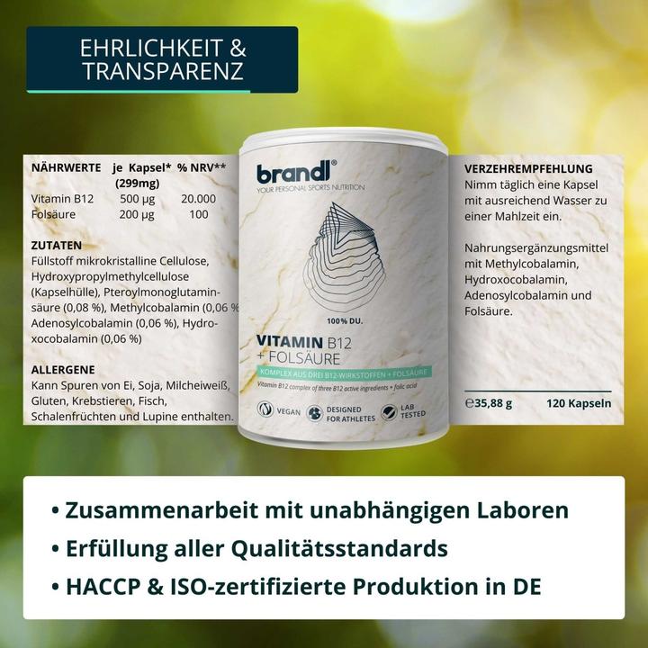 Valeurs nutritives et ingrédients Brandl-Nutrition Vitamine B12 Acide folique (1 pièce(s), Capsules, 45 g)
