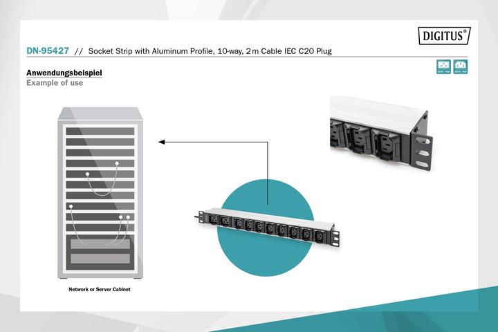 Actual product image Digitus Socket Strip with Aluminum Profile, 10-way, 2 m cable IEC C20 plug