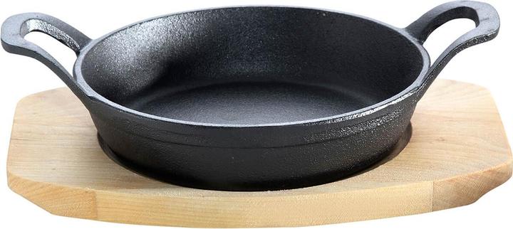 Productafbeelding All'Grill Gietijzeren pan met 2 handgrepen Ø 18 cm en houten onderzetter (18 cm, Gietijzer)