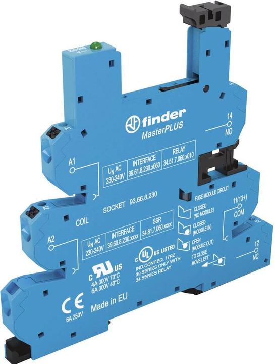 Image du produit Finder 93.66.7.024 Prise de relais avec étrier de retenue, avec LED, avec revêtement antiparasite CEM (Socle de relais)