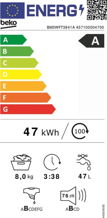 Energie-Label Beko BM3WFT3841A SteamCure (457100004700) (8 kg, Links)